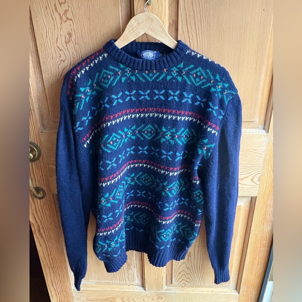VTG Navy 100% Wool Blend Fair Isle Crewneck Sweater size Men’s XL - Picture 2 of 5